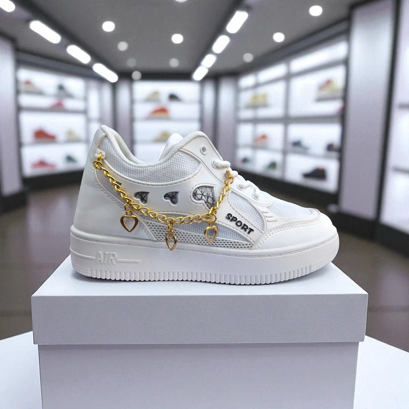 227 – White Sneakers with Heart Charms & Gold Chain – দারুন কিউট, স্টাইলিশ মেয়েদের জন্য একদম পারফেক্ট