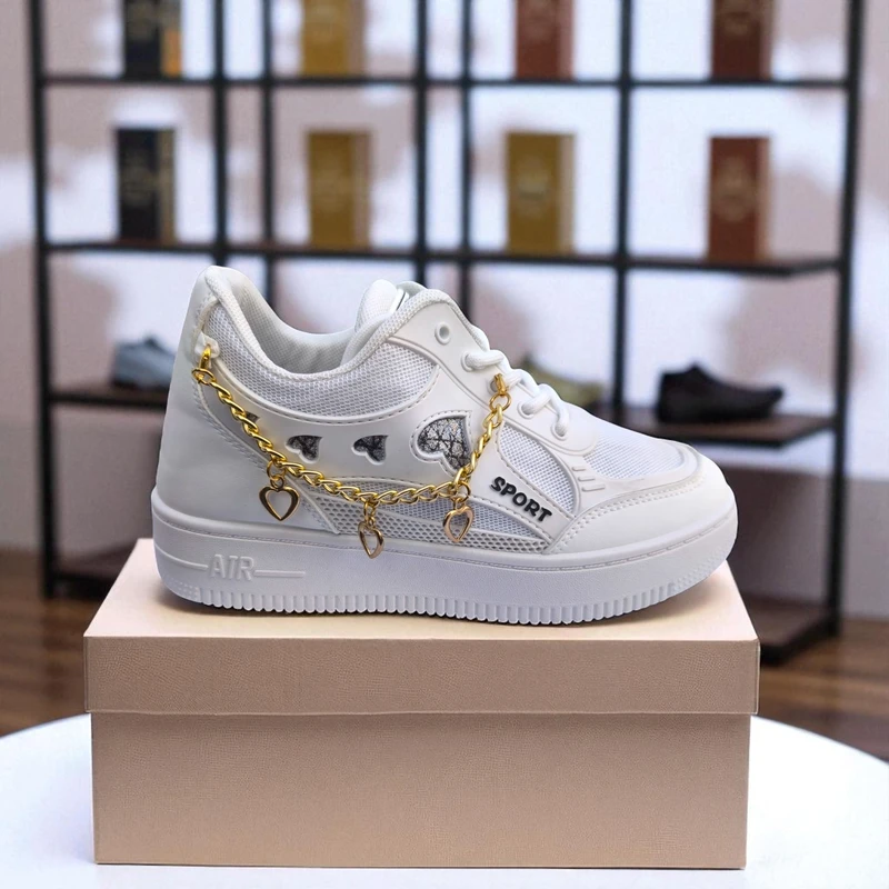 227 – White Sneakers with Heart Charms & Gold Chain – দারুন কিউট, স্টাইলিশ মেয়েদের জন্য একদম পারফেক্ট