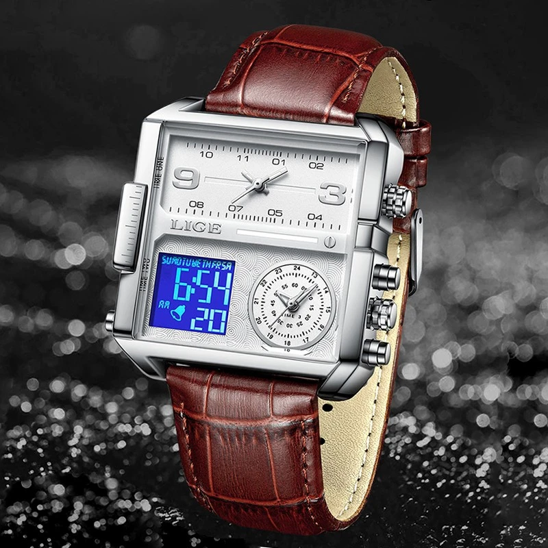 LIGE 8925 Top Brand Luxury Mens Watches Square Digital Sports Quartz Wrist Watch for Men Waterproof Stopwatch Relogio Masculino