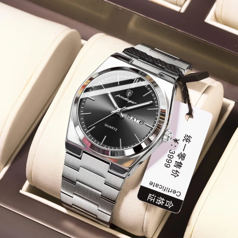 Poedagar Model 930 Stainless Steel Quartz Wristwatch for Men - Silver&Black