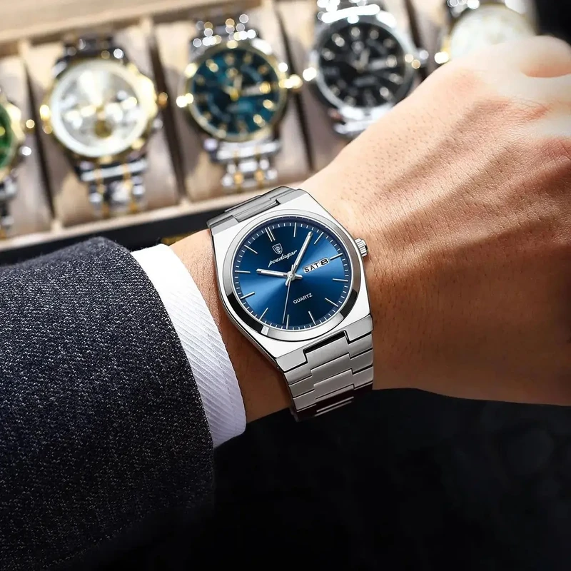 Poedagar Model 930 Stainless Steel Quartz Wristwatch for Men - Silver&Blue