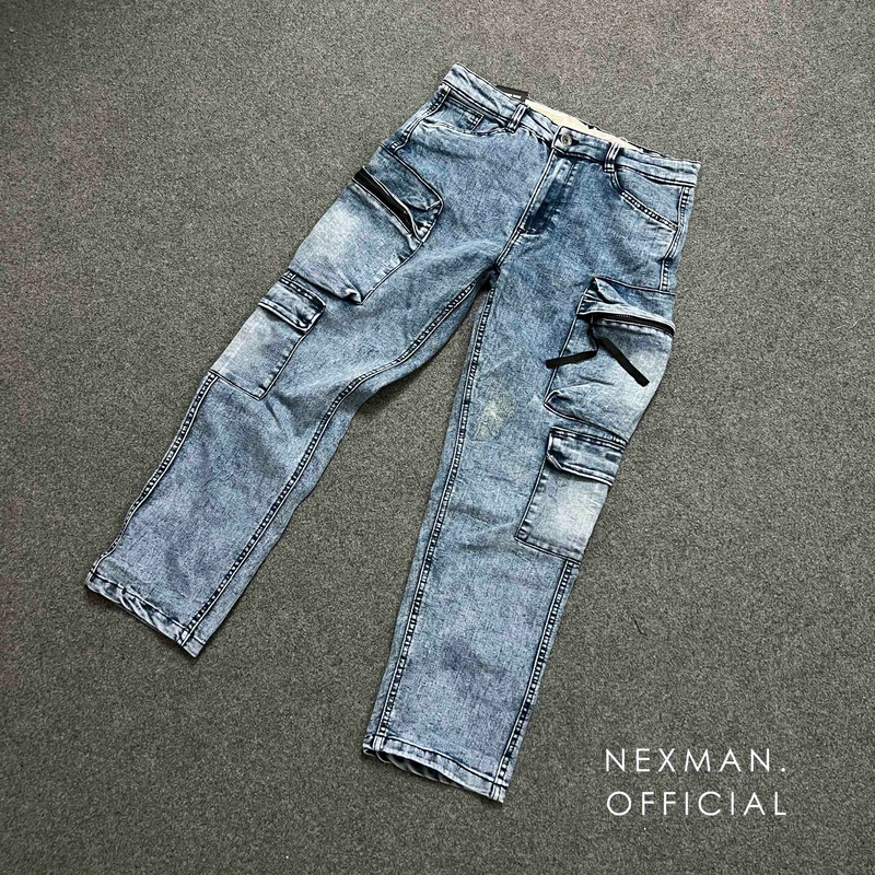 8 POCKET ACID WASH BLUE BAGGY JEANS