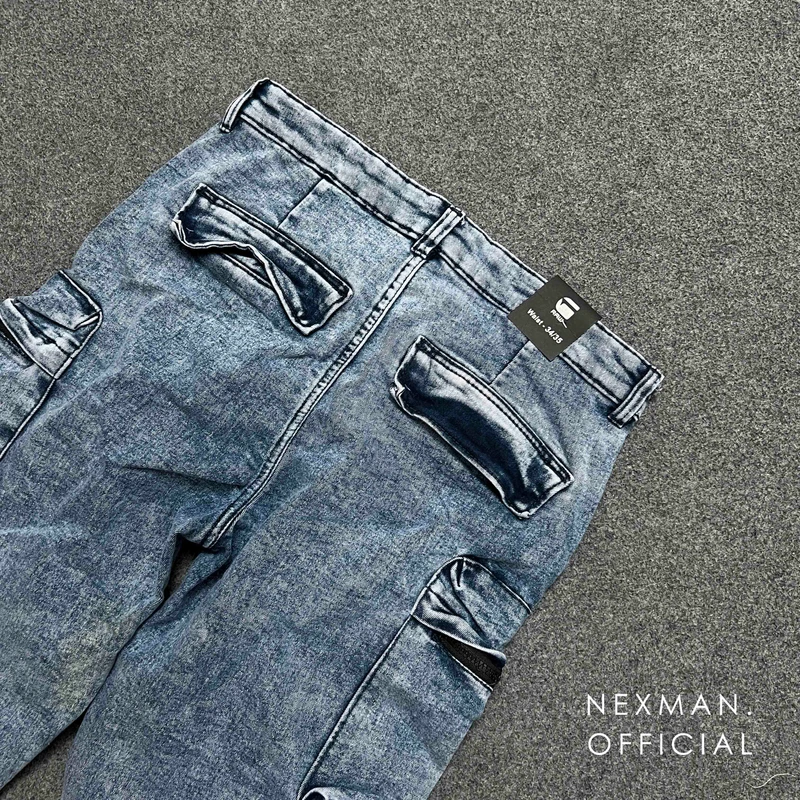 8 POCKET ACID WASH BLUE BAGGY JEANS - Thumbnail 3
