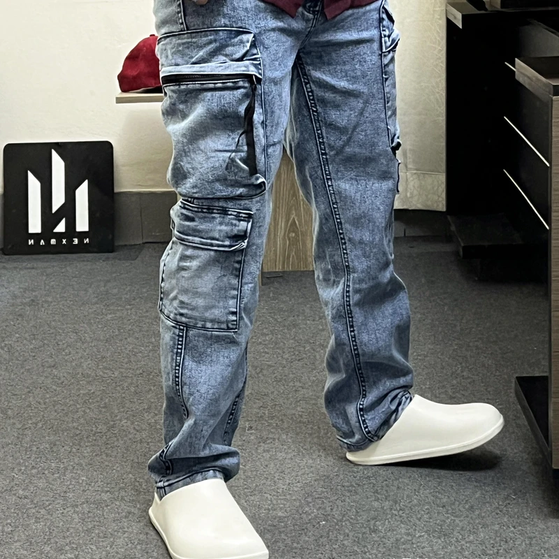 8 POCKET ACID WASH BLUE BAGGY JEANS - Thumbnail 4