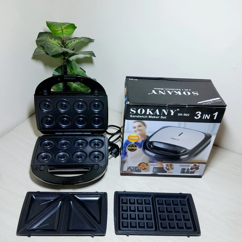 SOKANY 3-in-1 750W Sandwich, Waffle and Donut Maker