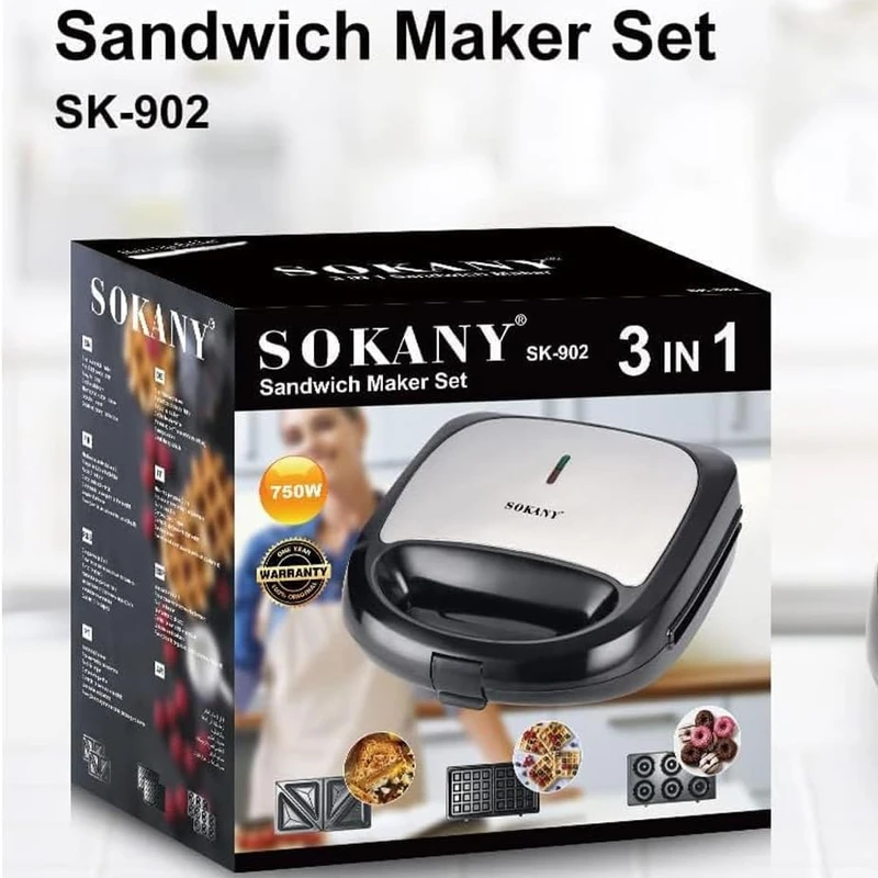 SOKANY 3-in-1 750W Sandwich, Waffle and Donut Maker