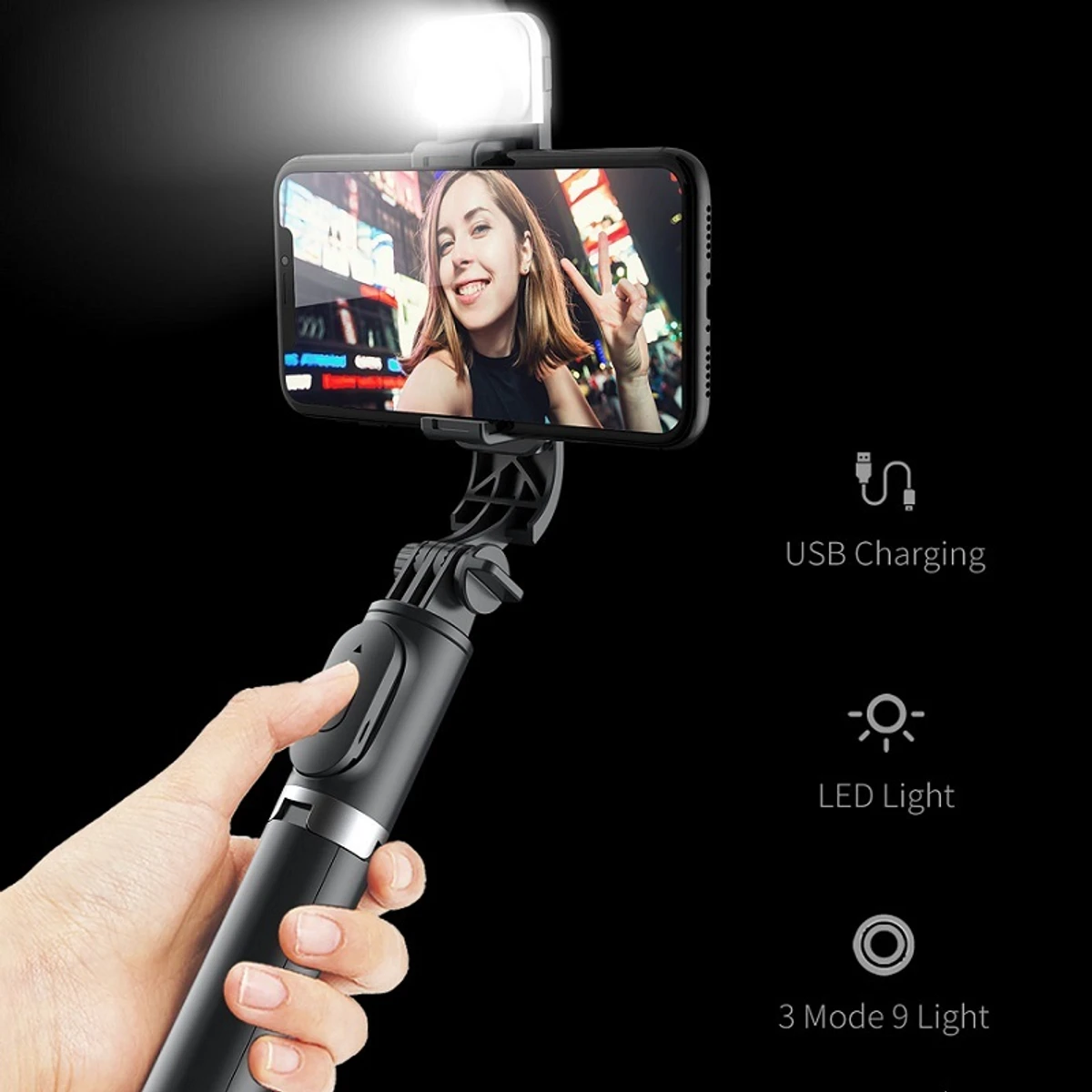 Q07 Selfie Stick Foldable Mini Tripod with Fill Light Bluetooth Remote Shutter Retractable Rod for Phone (100cm)