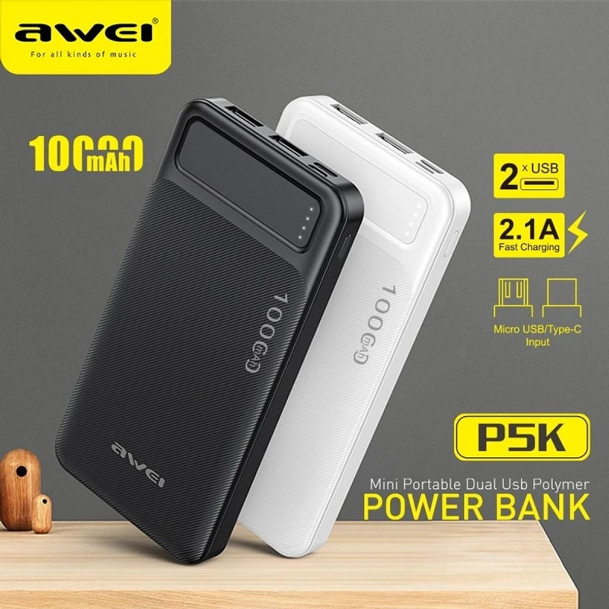 Awei P5K 10000mAh Dual USB Port Power Bank Fast Charging Micro USB and Type C Input Power Bank