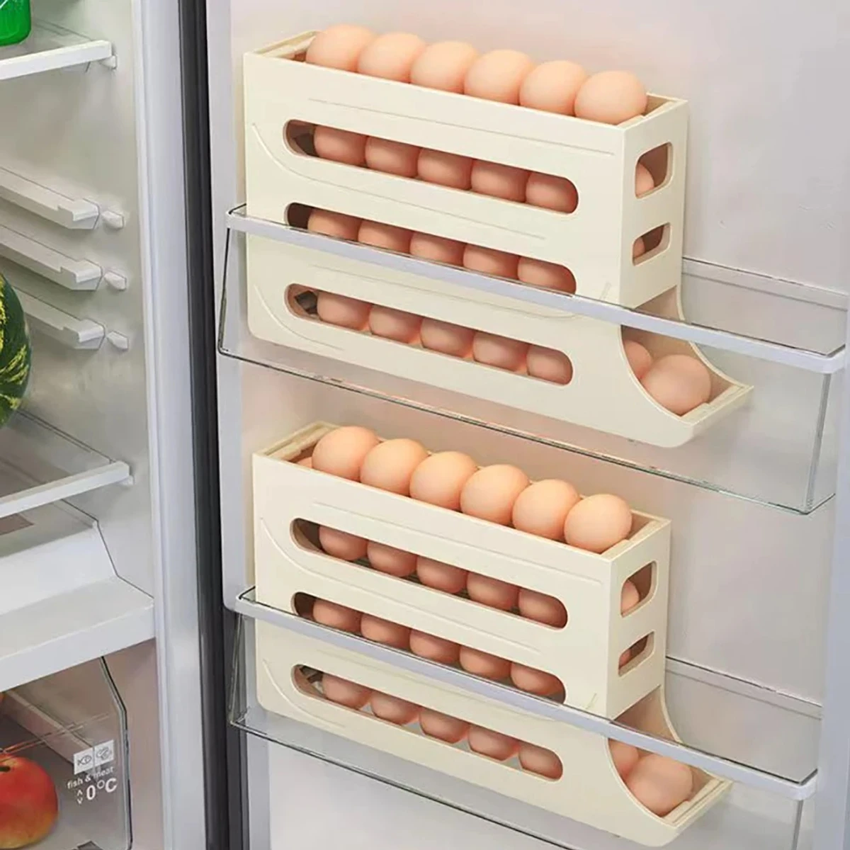 Large Capacity Auto Eggs Rolling Shelf Fridge Egg Storage Box Rack Egg Dispenser for Home Kitchen Organizer