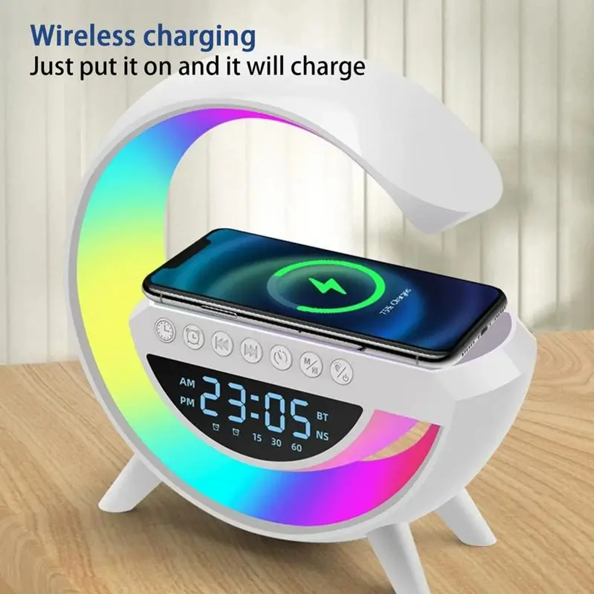 Big Size Multifunctional 5IN1 Smart wireless Charger Table Lamp Bluetooth Speaker Alarm Clock RGB Colorful Lights - Image 1