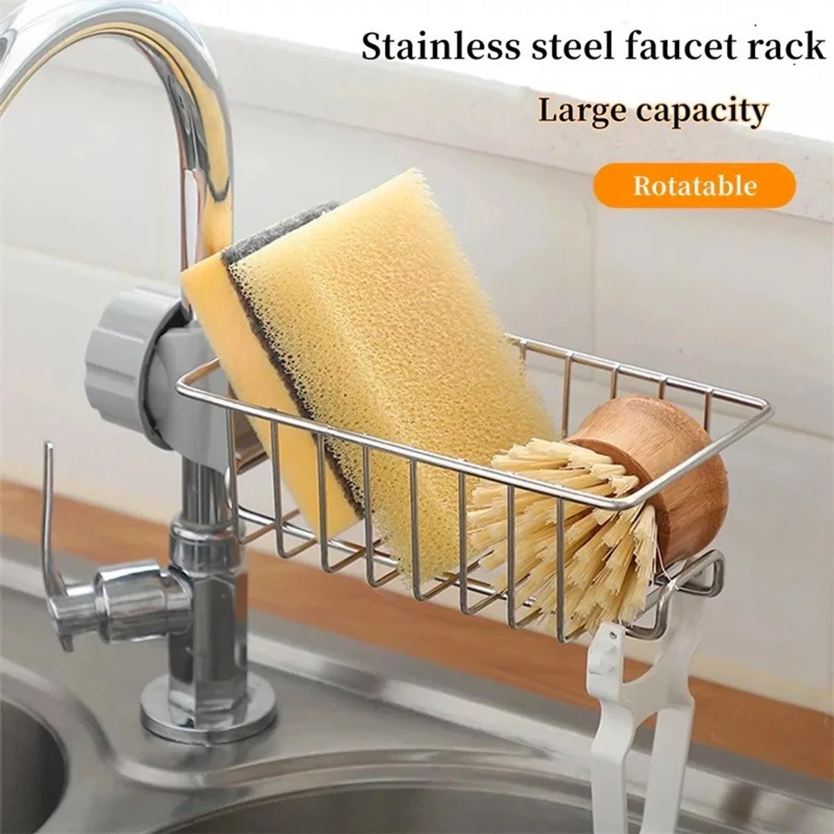 Stainless steel kitchen faucet storage shelf - Image 1