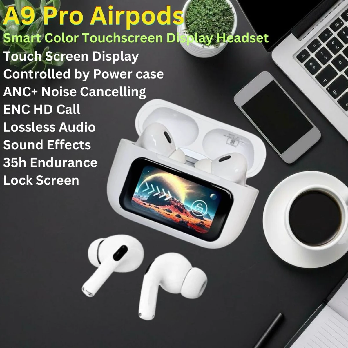 A9 Pro Earphone Touch Screen Wireless Bluetooth 5.4 Headphone ANC/ENC Noise Cancelling In Ear Earbuds With HD Mic Call Headset - Image 1