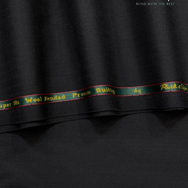 Reid And Taylor Premium Merino Wool Blend Suiting Herringbone Charcoal Black