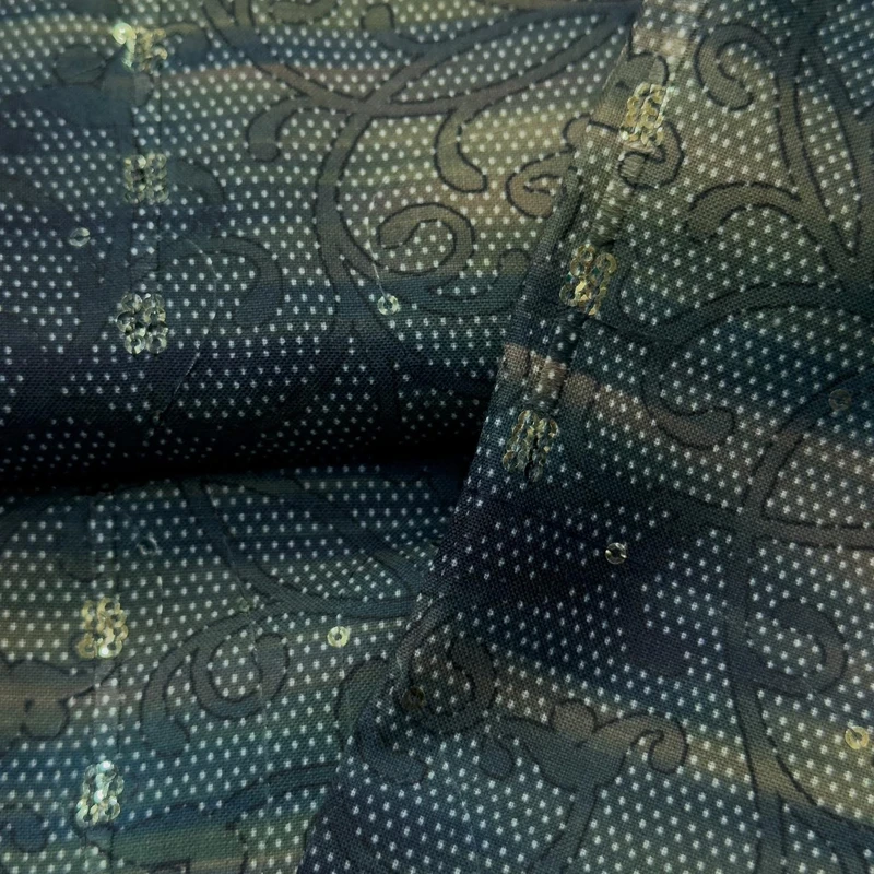 Indian Premium Cotton Sequin HandWork Panjabi Fabric(Greenish Deep) - Image 3