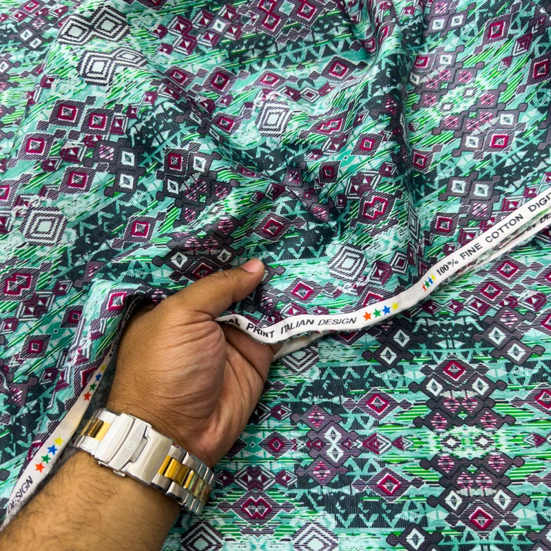 Indian Digital Print Premium Cotton Shirting Fabrics (Green Print)