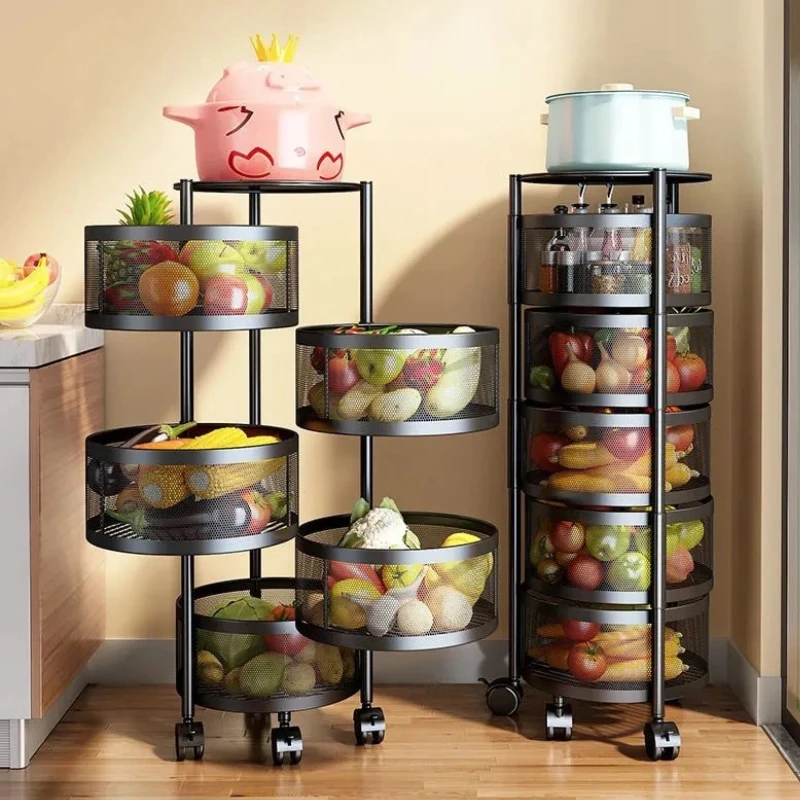 Stainless Steel 5 Layers Kitchen Rotating Shelf 360 Degree Baskets Fruit Vegetable Storage Rack Floor Round Shelf with Wheels