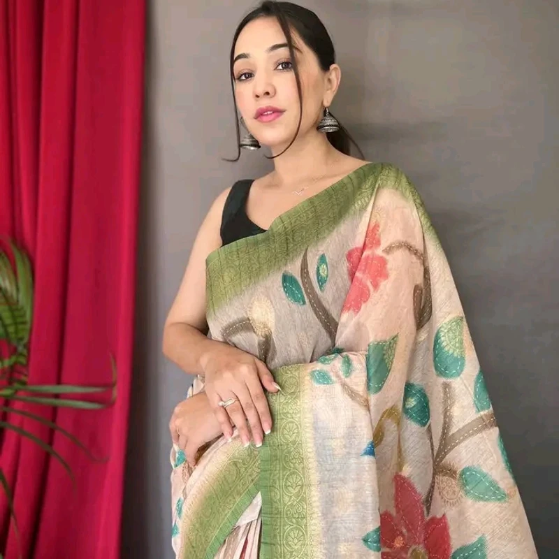 Vaibhavi – Pure Chanderi Silk Saree with 3D Floral Stitch & Zari Pallu