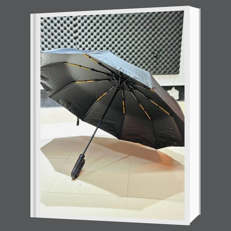 Premium 10-Ribs Automatic Folding Umbrella With Hanger Handle - Black - Image 5