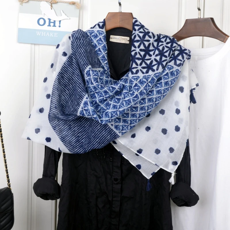 Blue white mixed printed tassel cotton hijab