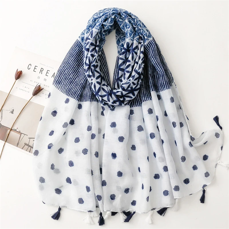 Blue white mixed printed tassel cotton hijab