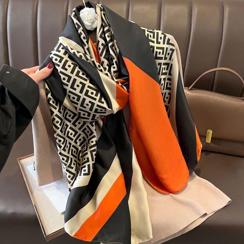 Glossy black & orange mixed printed  silk hijab - Thumbnail 3