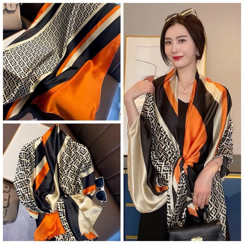 Glossy black & orange mixed printed  silk hijab - Thumbnail 4