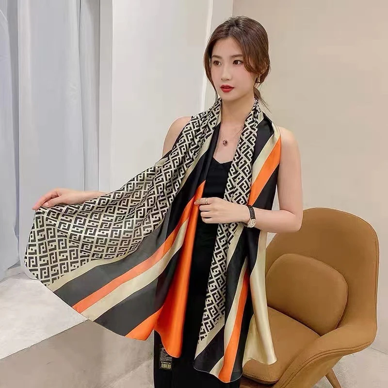 Glossy black & orange mixed printed  silk hijab - Thumbnail 5