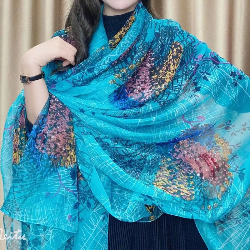 Elegant light blue soft long silk hijab/orna