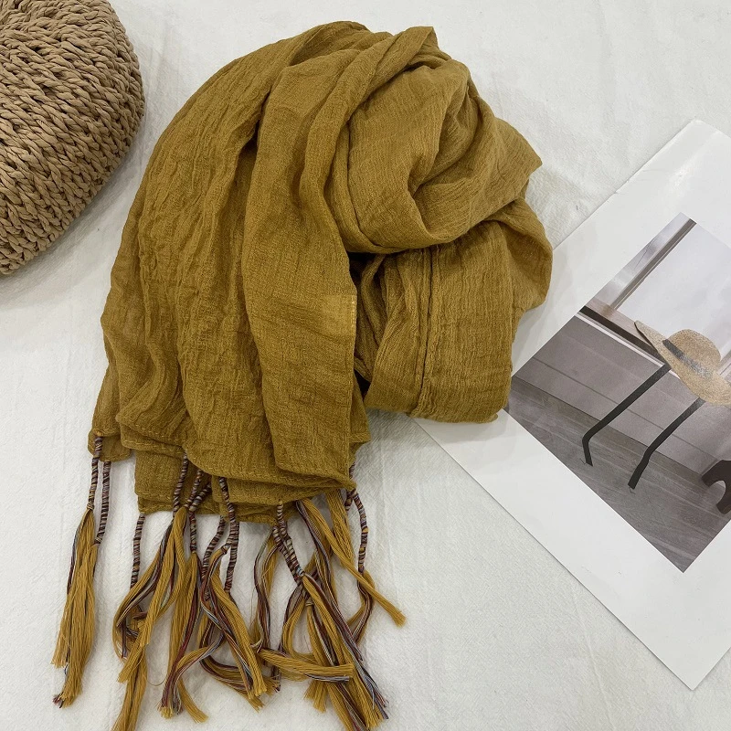 Mustard Yellow Color Classy Winding Tassel Cotton Hijab/Orna
