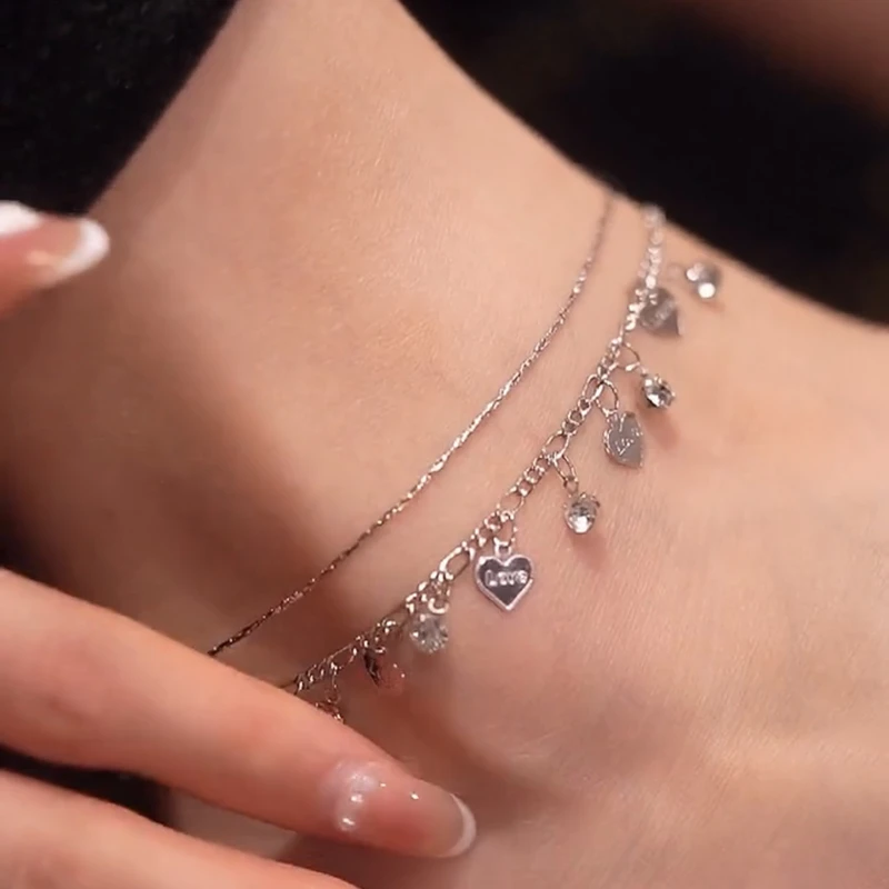 Heart Rhinestone Double Layer Anklet