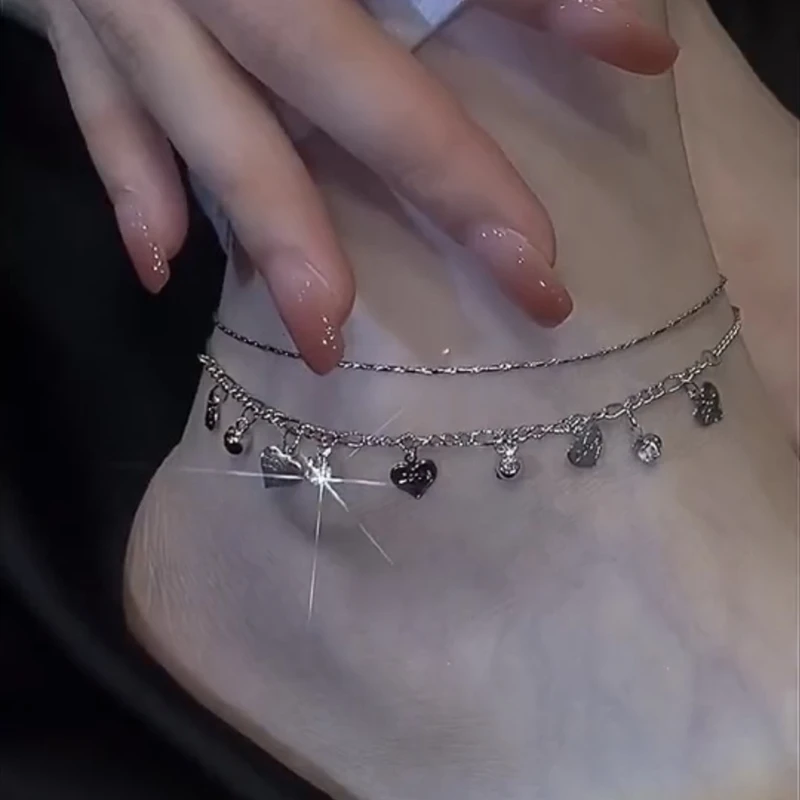 Heart Rhinestone Double Layer Anklet