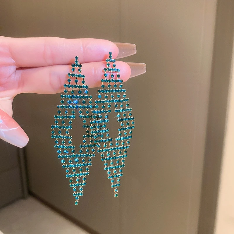 Silver Needle Exaggerated Diamond-encrusted Geometric Tassel Hollow Earrings