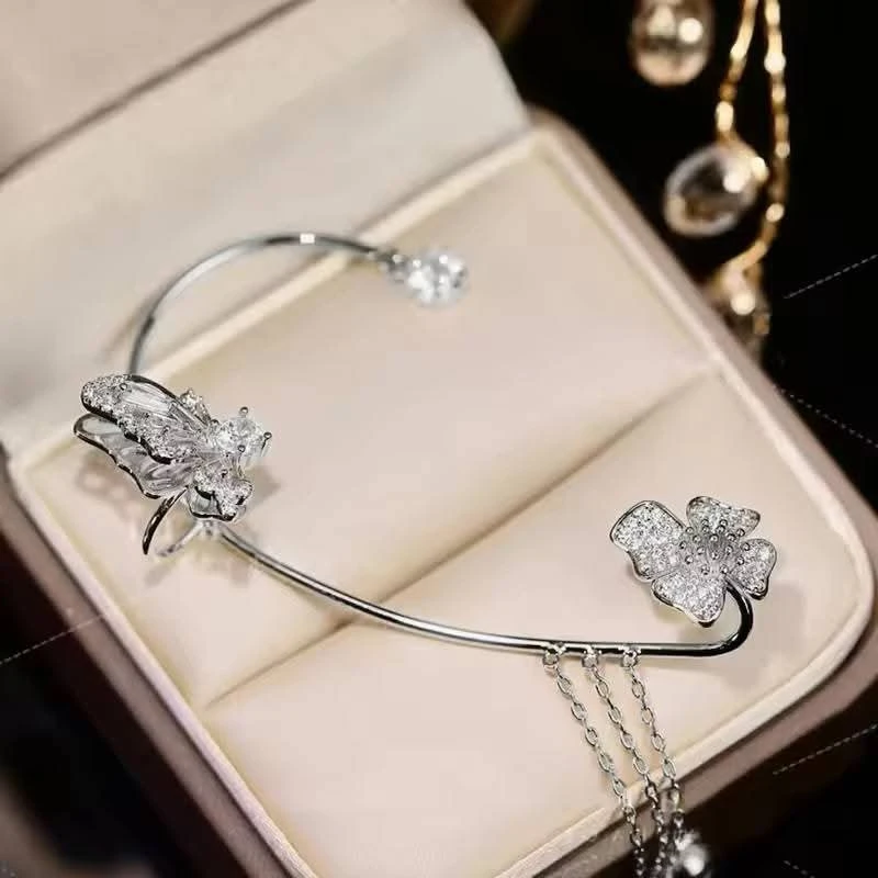 Sparkling Silver Color Crystal Flower Ear Cuff Without Piercing Clip Earrings Irregular Tassel Ear Clipn