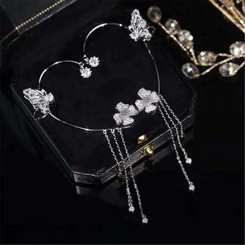 Sparkling Silver Color Crystal Flower Ear Cuff Without Piercing Clip Earrings Irregular Tassel Ear Clipn