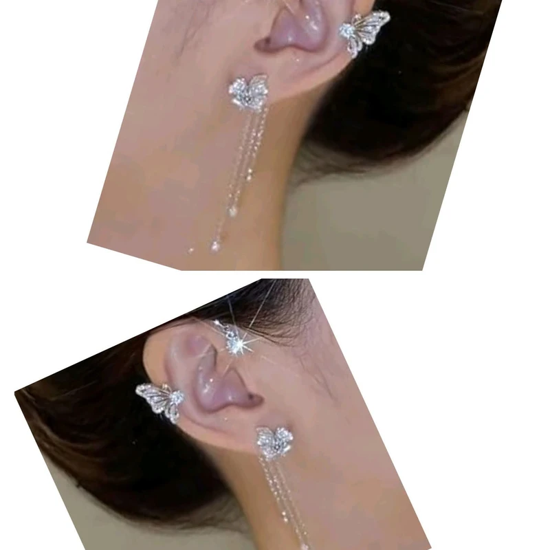 Sparkling Silver Color Crystal Flower Ear Cuff Without Piercing Clip Earrings Irregular Tassel Ear Clipn - Thumbnail 3