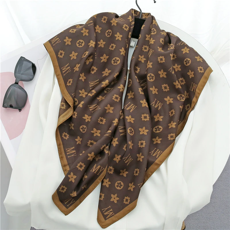 Dark brown printed silk square hijab / scarf