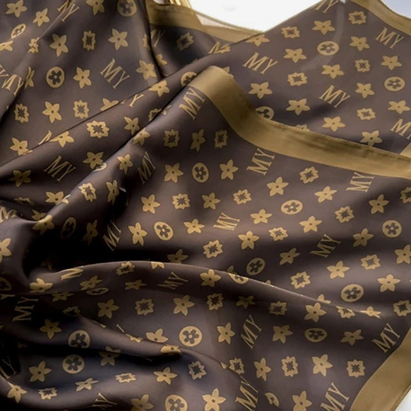 Dark brown printed silk square hijab / scarf