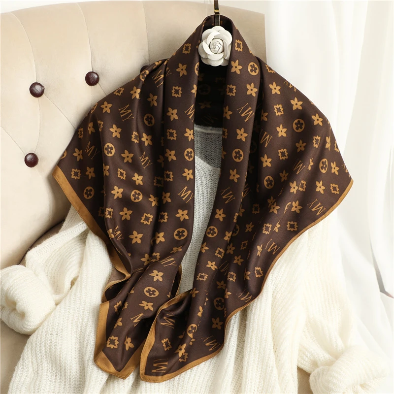 Dark brown printed silk square hijab / scarf - Thumbnail 3