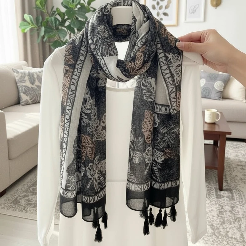 Elegant black & white patterned long soft hijab/orna - Thumbnail 3