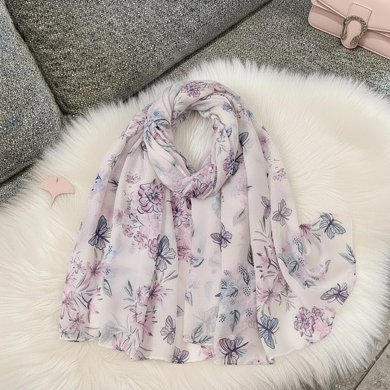 Floral & Butterfly Printed light pink colour soft long cotton hijab