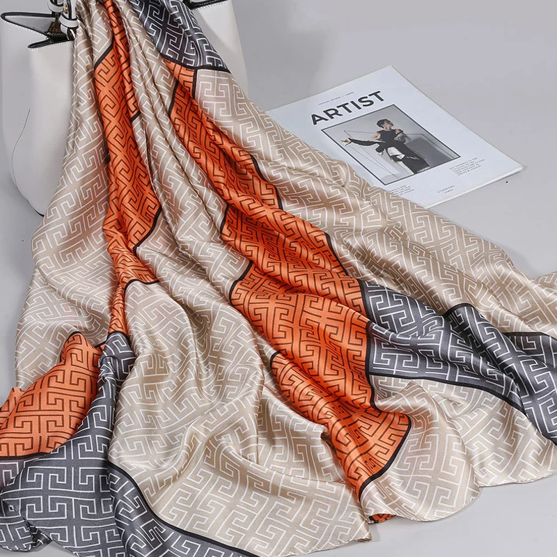 Elegant orange & golden mixed printed Silk hijab / orna