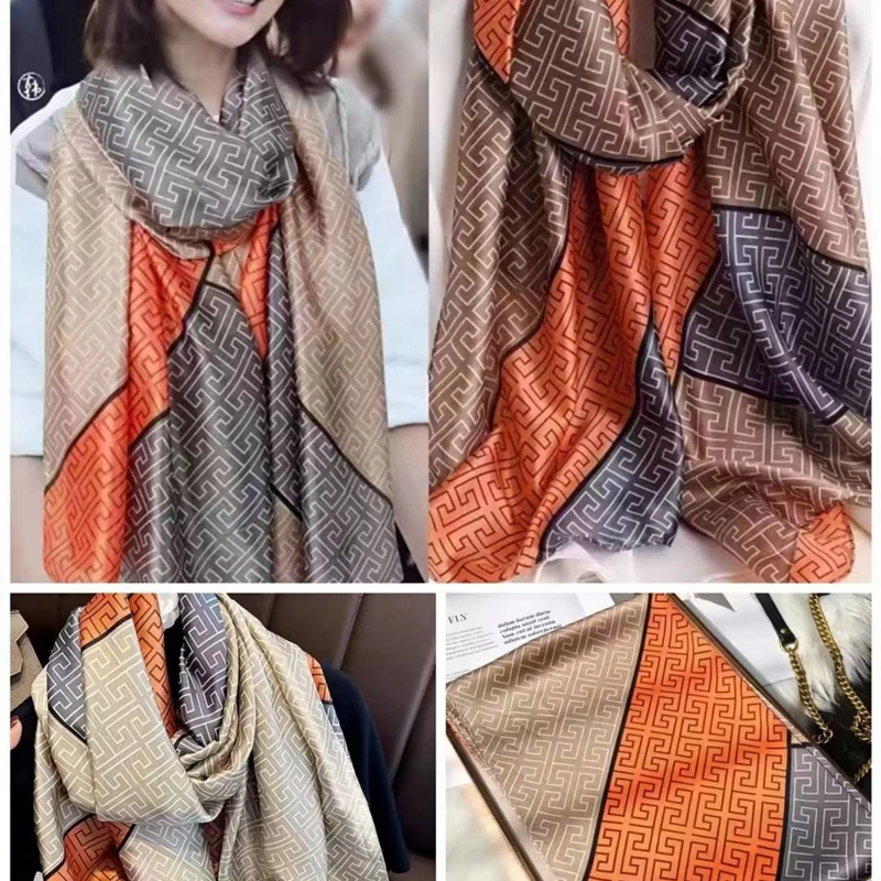 Elegant orange & golden mixed printed Silk hijab / orna - Thumbnail 3