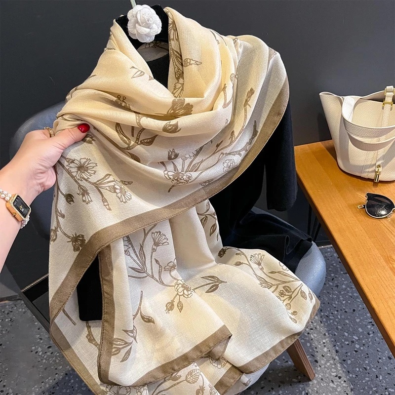 Imported floral printed beige color cotton hijab