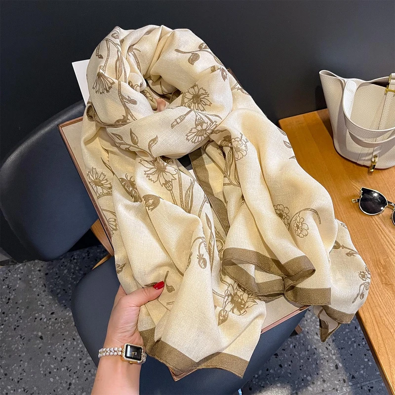 Imported floral printed beige color cotton hijab