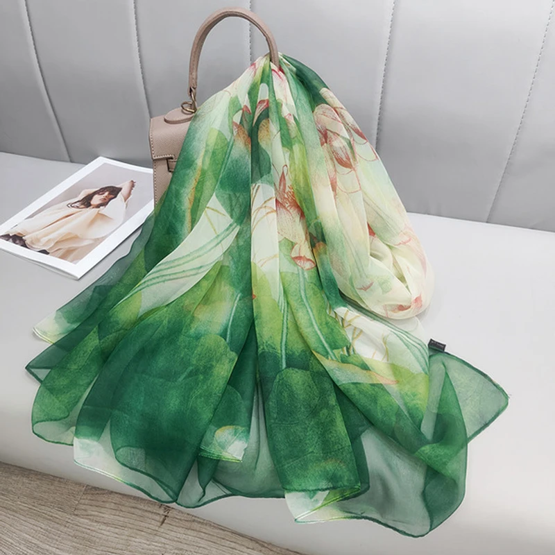 Classy green floral printed long scarf / orna