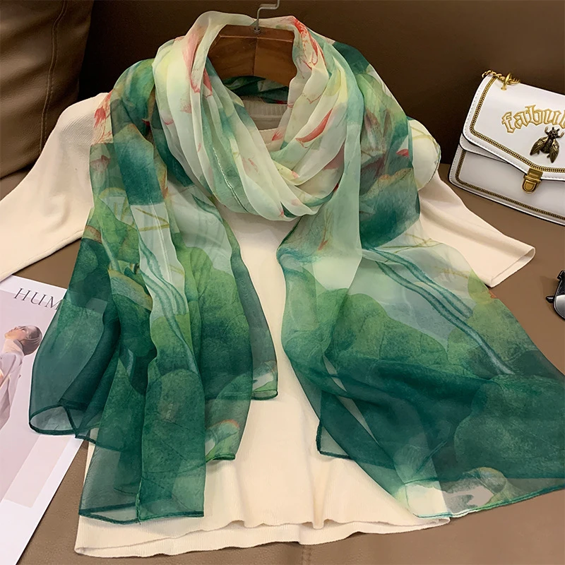 Classy green floral printed long scarf / orna