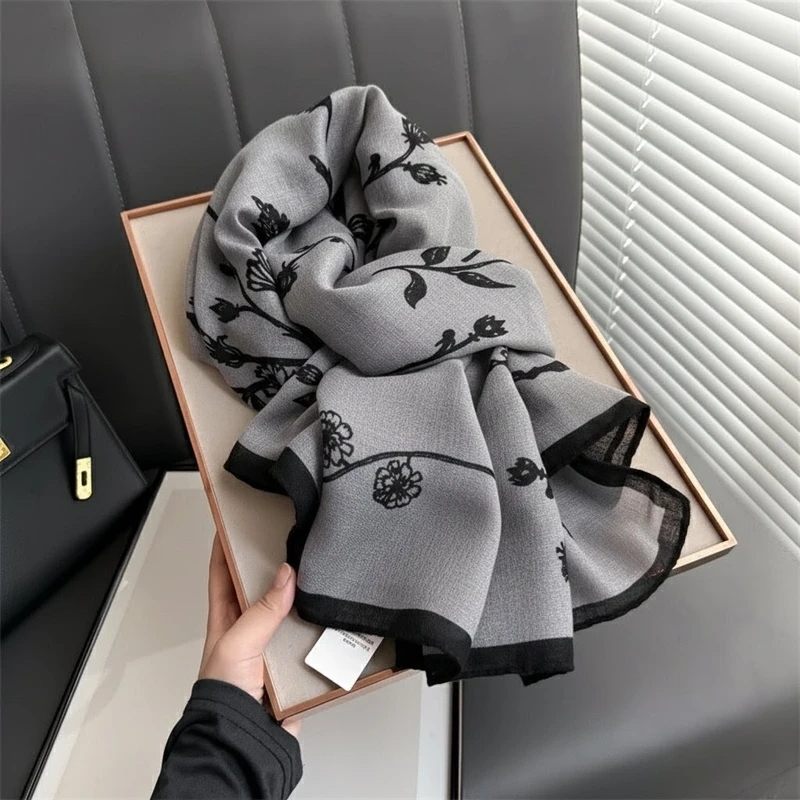 Flower Printed Gray Color Cotton Hijab /Orna
