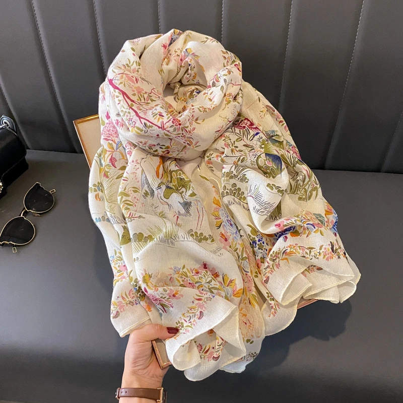 Beautiful floral bird patterned soft long cotton scarf / orna