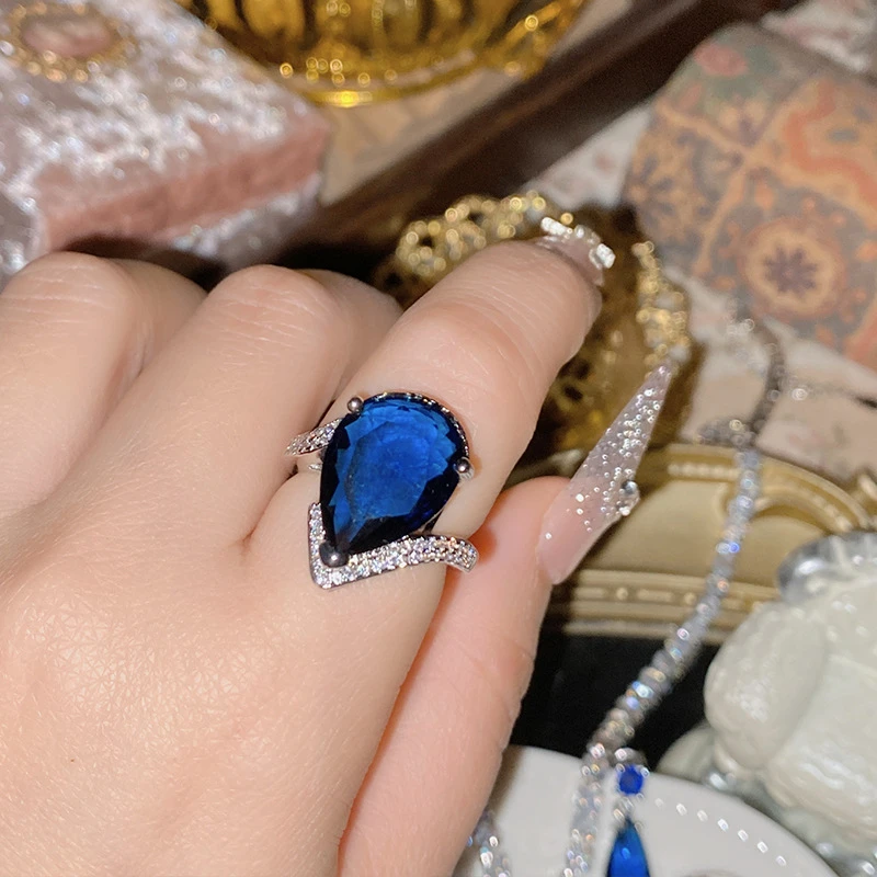 Pear Cut Blue Topaz Ring with Diamond Accents - Thumbnail 4