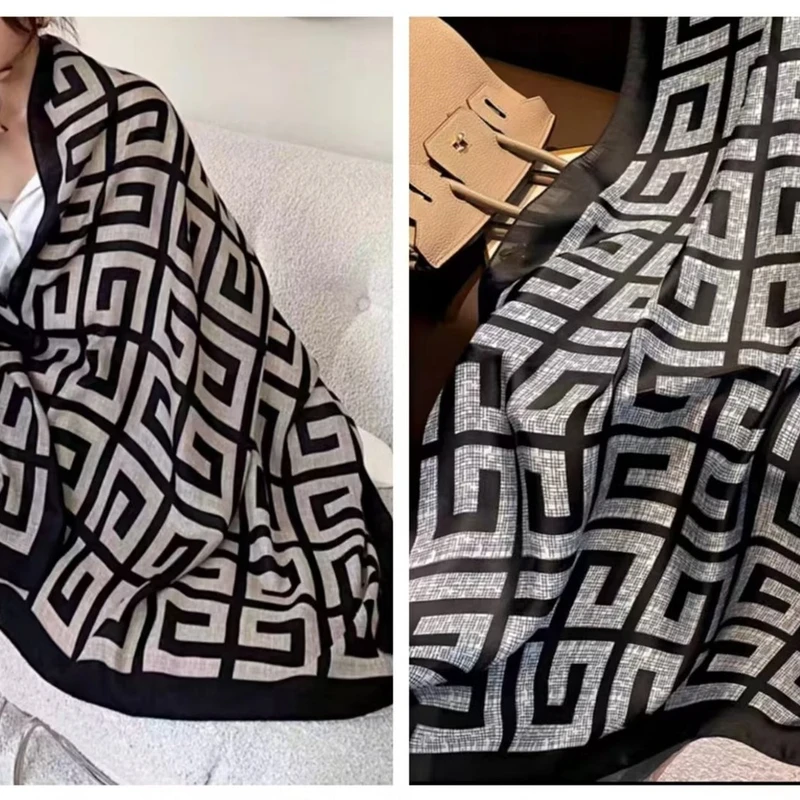 Black white printed hijab / orna - Thumbnail 3